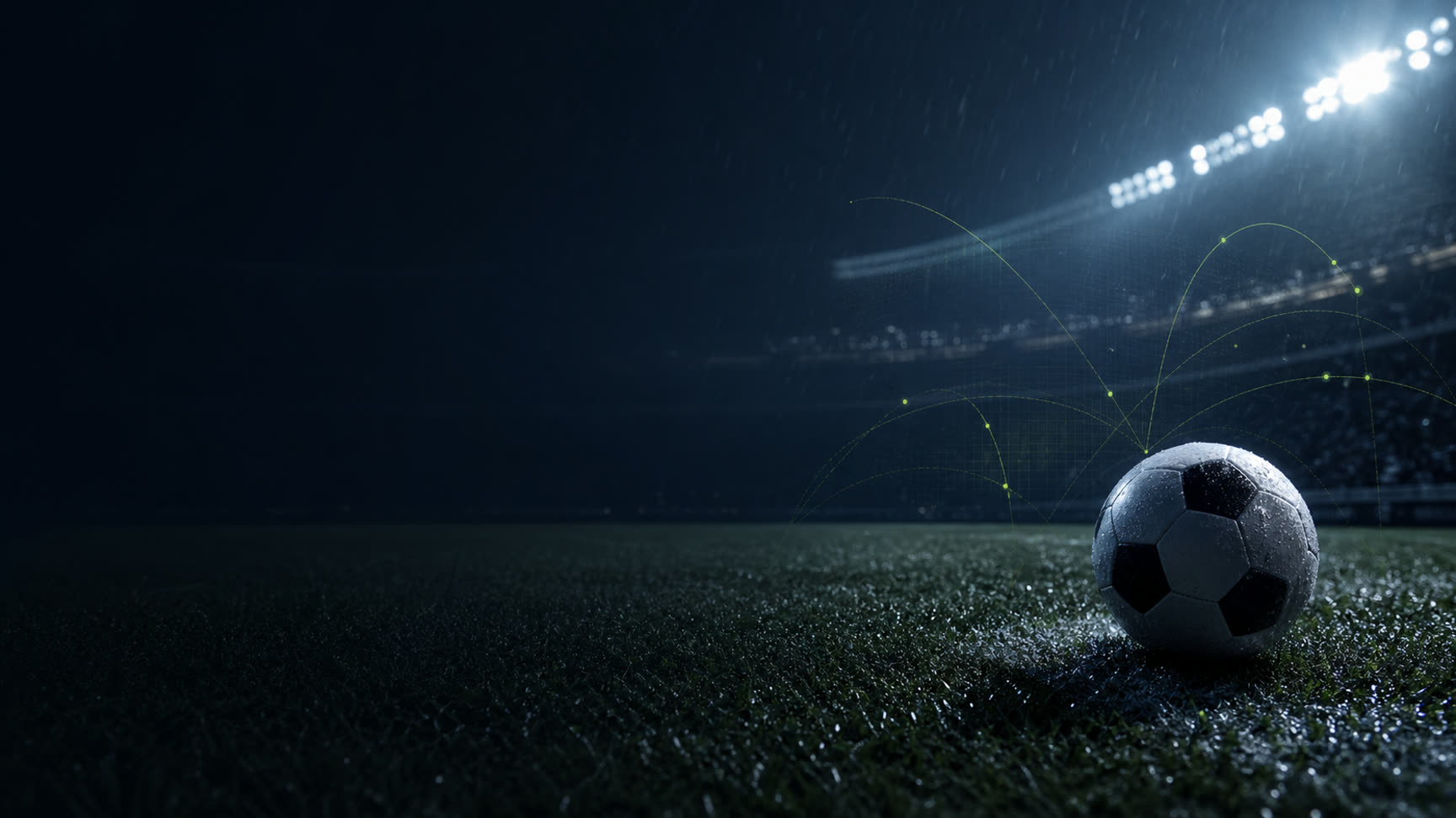 Football Proof AI on a rain-lit football pitch with calibrated probability graphics